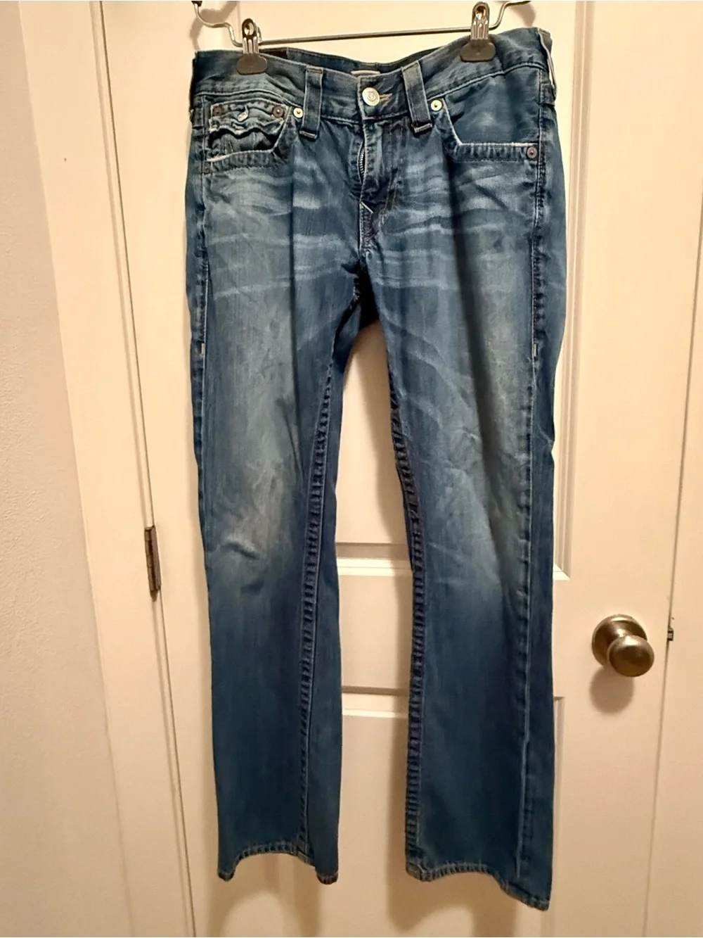 True Religion Men’s Blue Bootcut Jeans with Signature Back Pockets